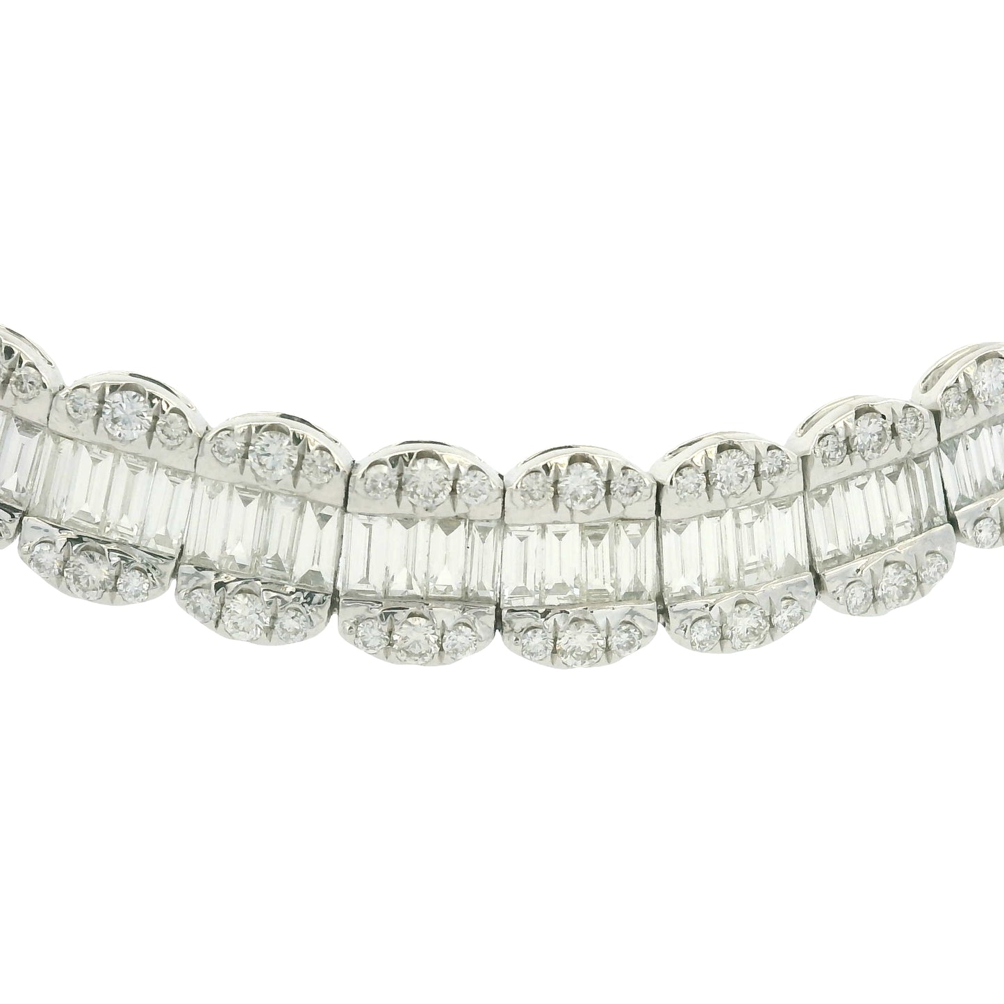 18K White Gold Natural Baguette& Round Cut Diamond 3-Row Necklace