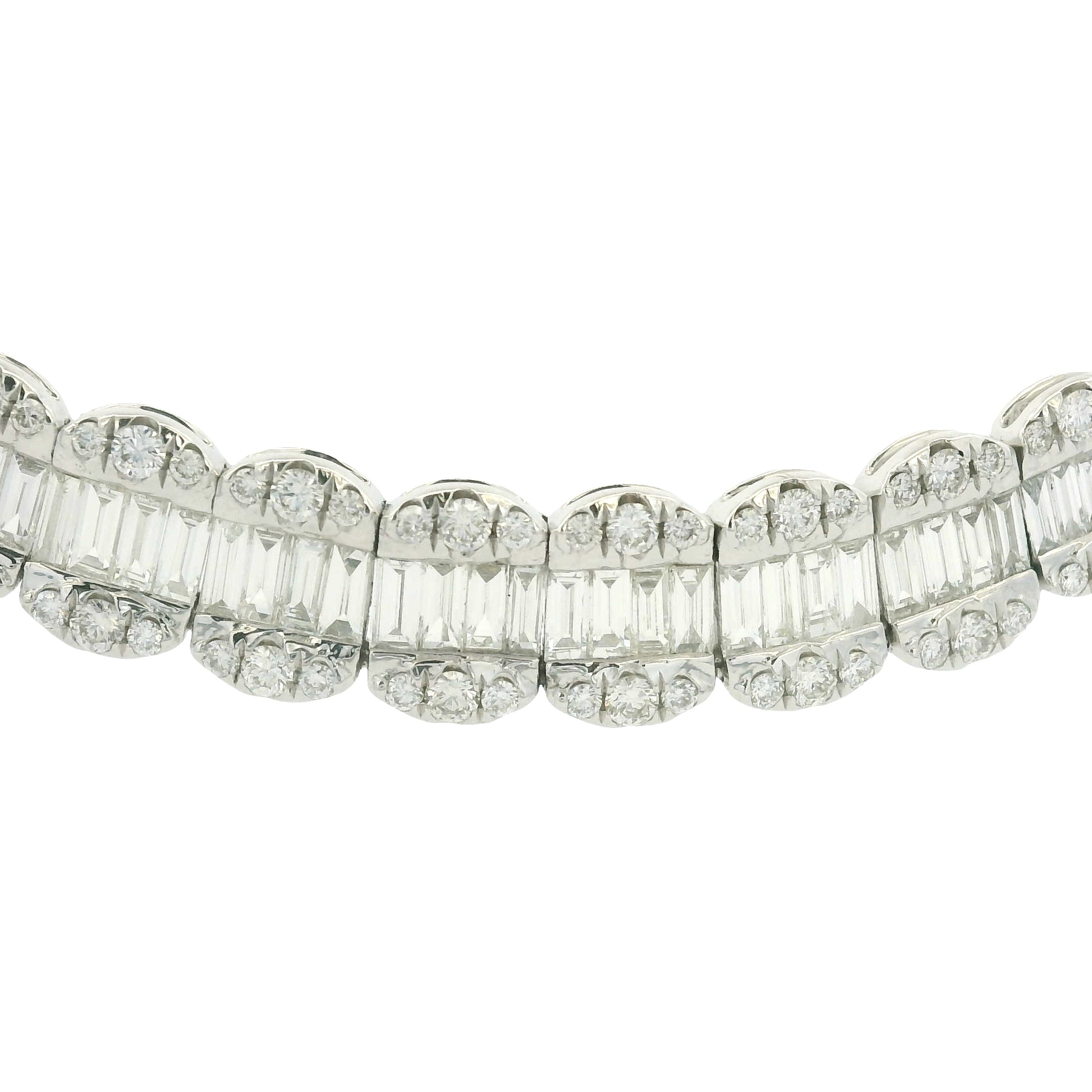 18K White Gold Natural Baguette& Round Cut Diamond 3-Row Necklace