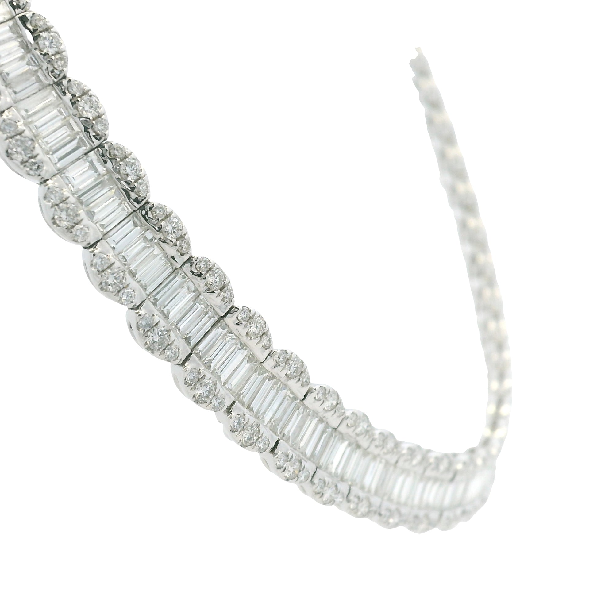 18K White Gold Natural Baguette& Round Cut Diamond 3-Row Necklace