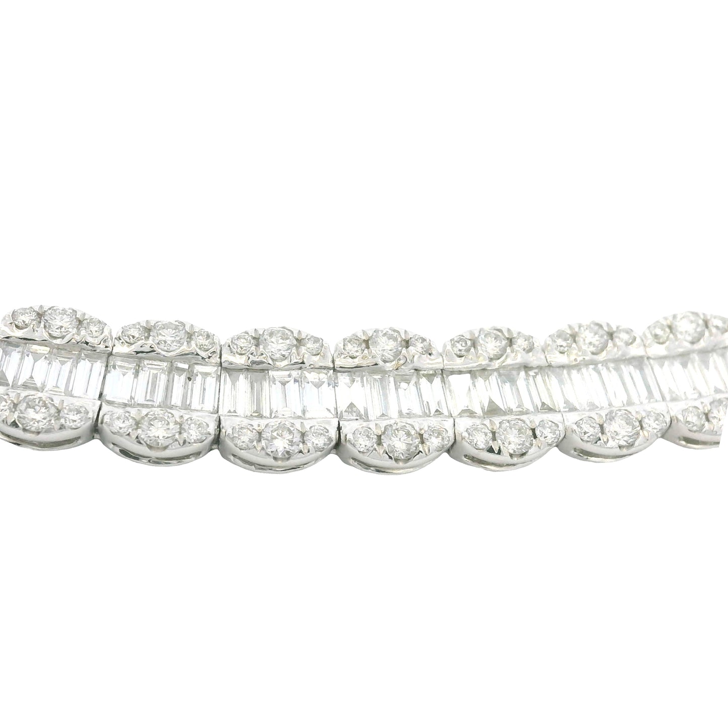 18K White Gold Natural Baguette& Round Cut Diamond 3-Row Necklace