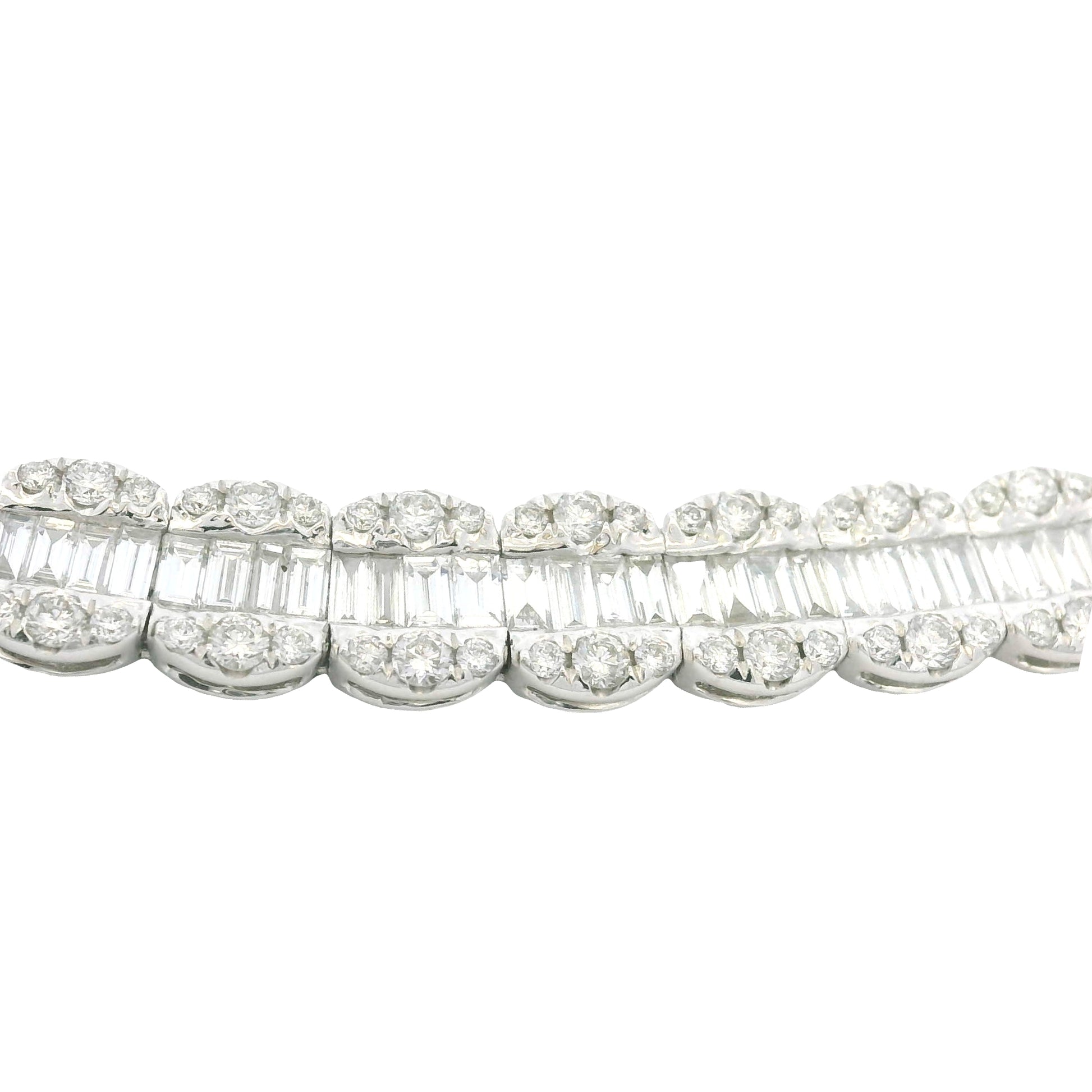 18K White Gold Natural Baguette& Round Cut Diamond 3-Row Necklace
