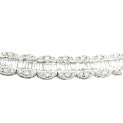 18K White Gold Natural Baguette& Round Cut Diamond 3-Row Necklace