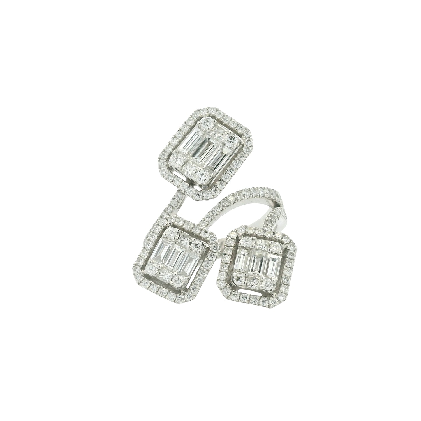 18K White Gold Natural Emerald &Round Cut Diamond Crossover Mosaic Ring