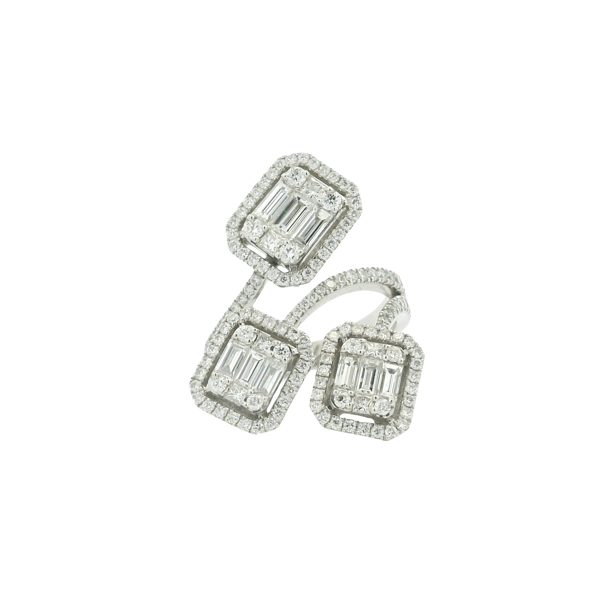 18K White Gold Natural Emerald &Round Cut Diamond Crossover Mosaic Ring