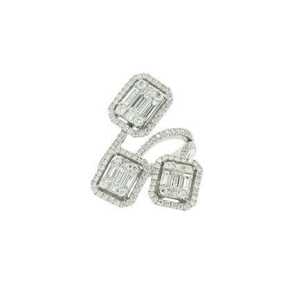 18K White Gold Natural Emerald &Round Cut Diamond Crossover Mosaic Ring