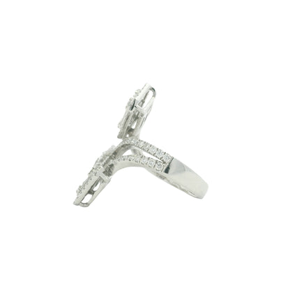 18K White Gold Natural Emerald &Round Cut Diamond Crossover Mosaic Ring