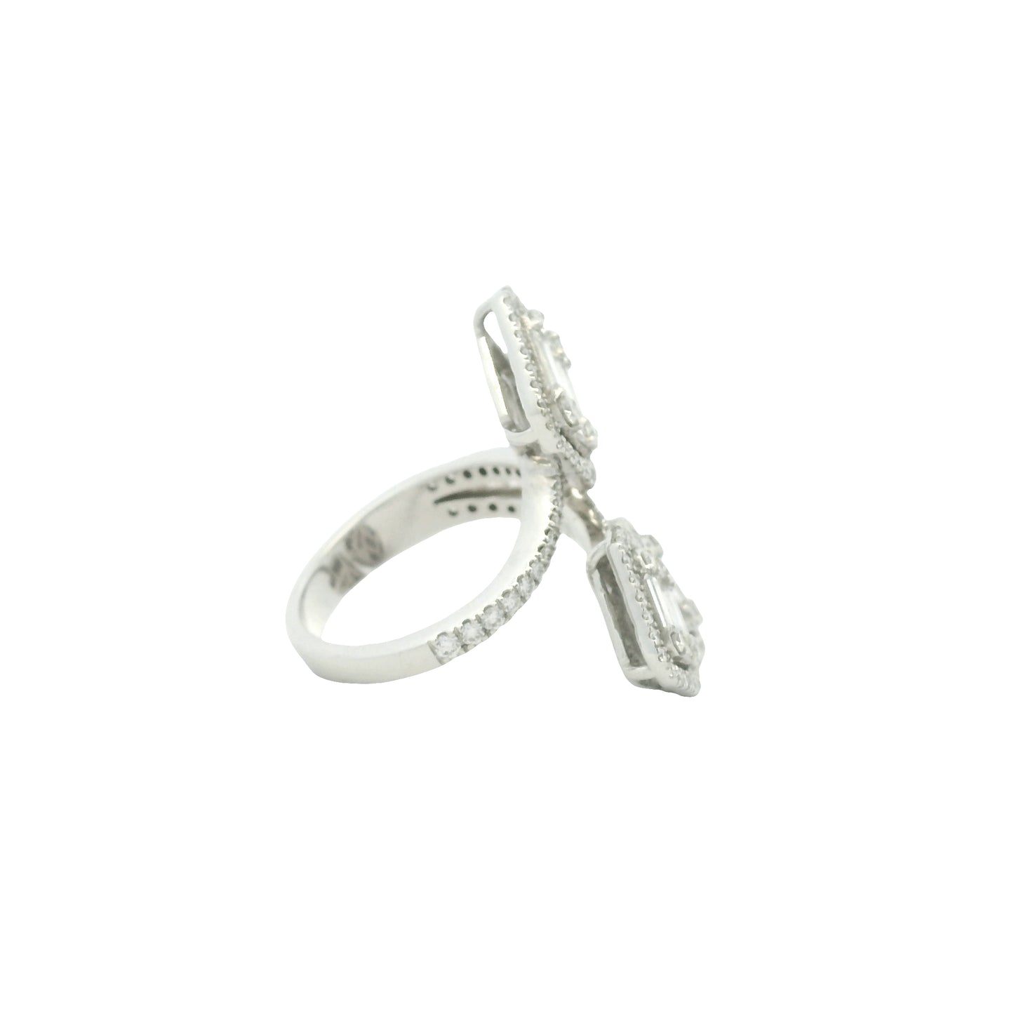 18K White Gold Natural Emerald &Round Cut Diamond Crossover Mosaic Ring