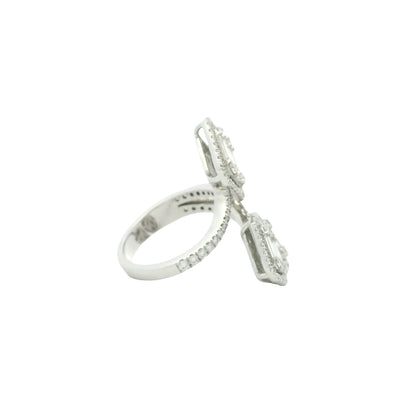 18K White Gold Natural Emerald &Round Cut Diamond Crossover Mosaic Ring
