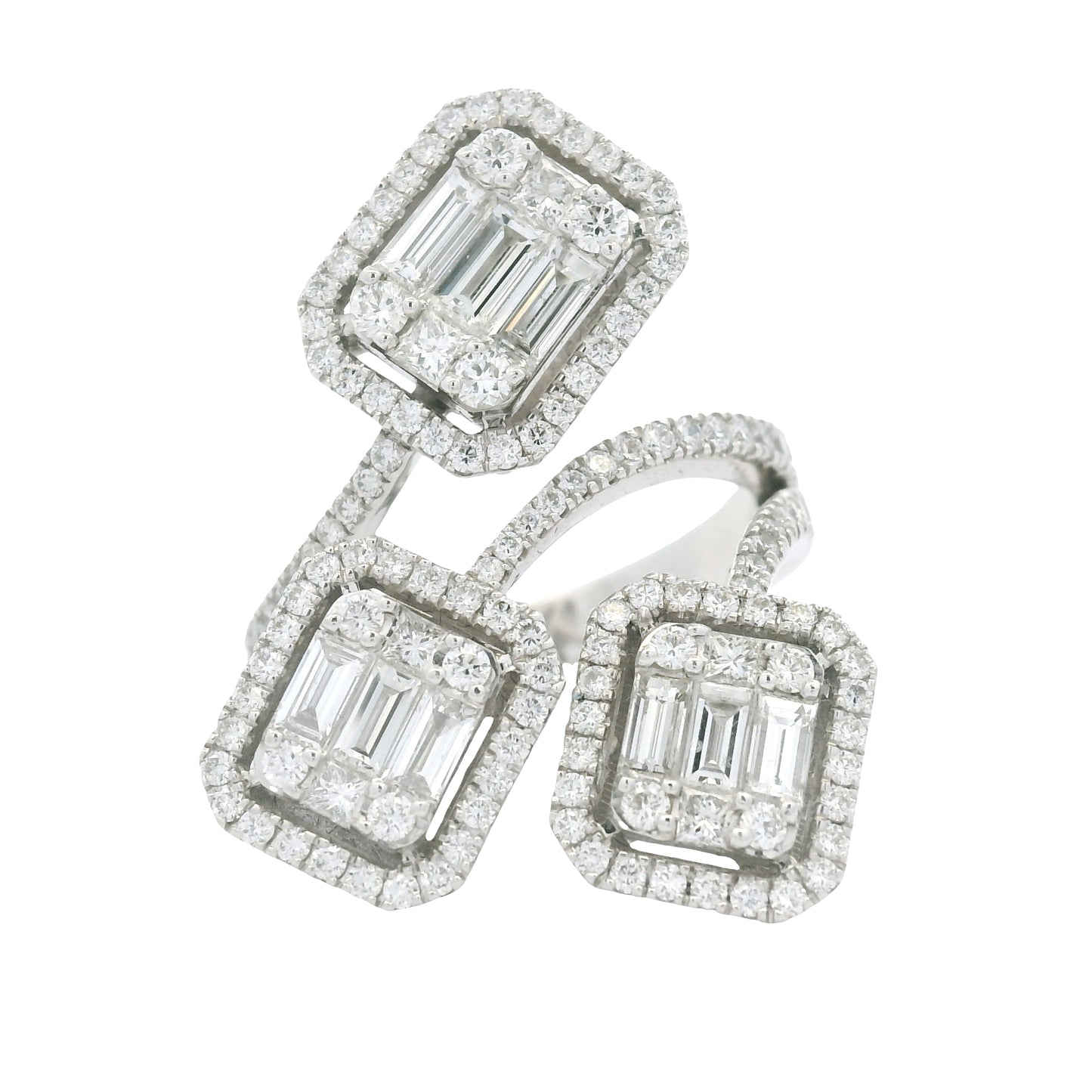 18K White Gold Natural Emerald &Round Cut Diamond Crossover Mosaic Ring