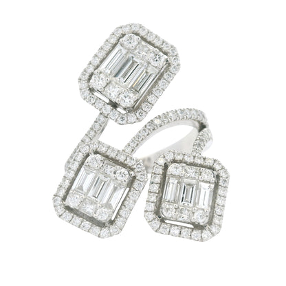 18K White Gold Natural Emerald &Round Cut Diamond Crossover Mosaic Ring