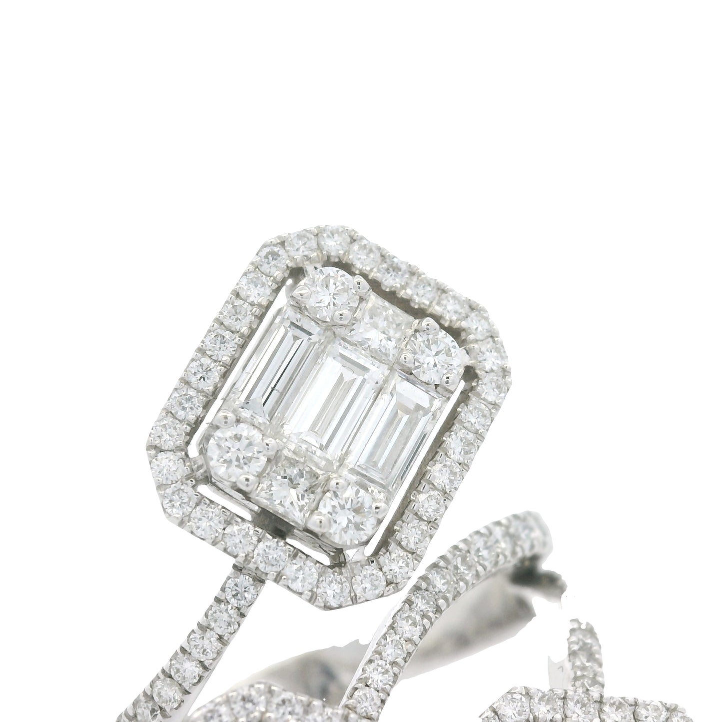 18K White Gold Natural Emerald &Round Cut Diamond Crossover Mosaic Ring