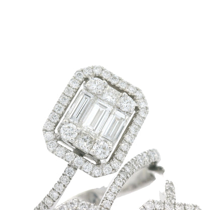 18K White Gold Natural Emerald &Round Cut Diamond Crossover Mosaic Ring