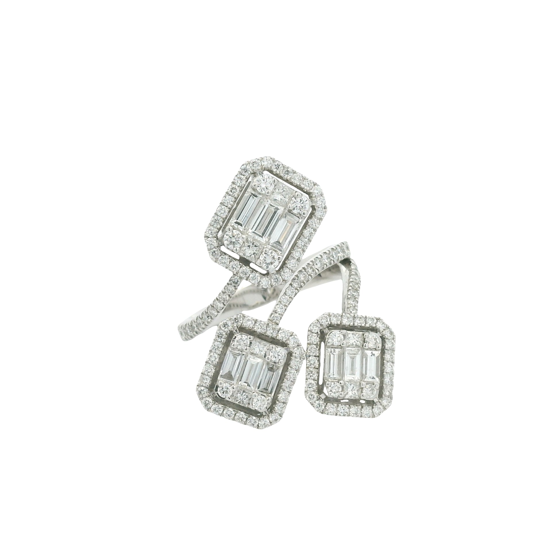 18K White Gold Natural Emerald &Round Cut Diamond Crossover Mosaic Ring