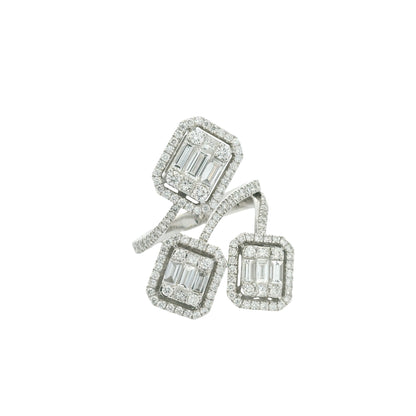 18K White Gold Natural Emerald &Round Cut Diamond Crossover Mosaic Ring