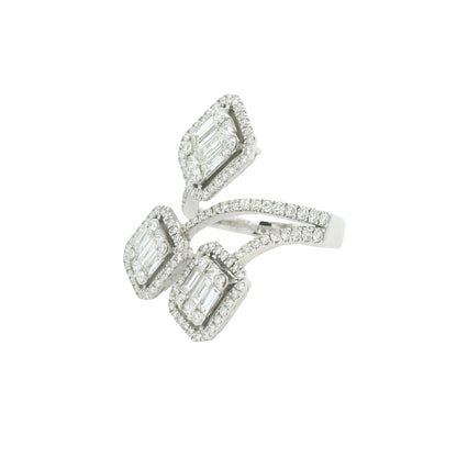 18K White Gold Natural Emerald &Round Cut Diamond Crossover Mosaic Ring