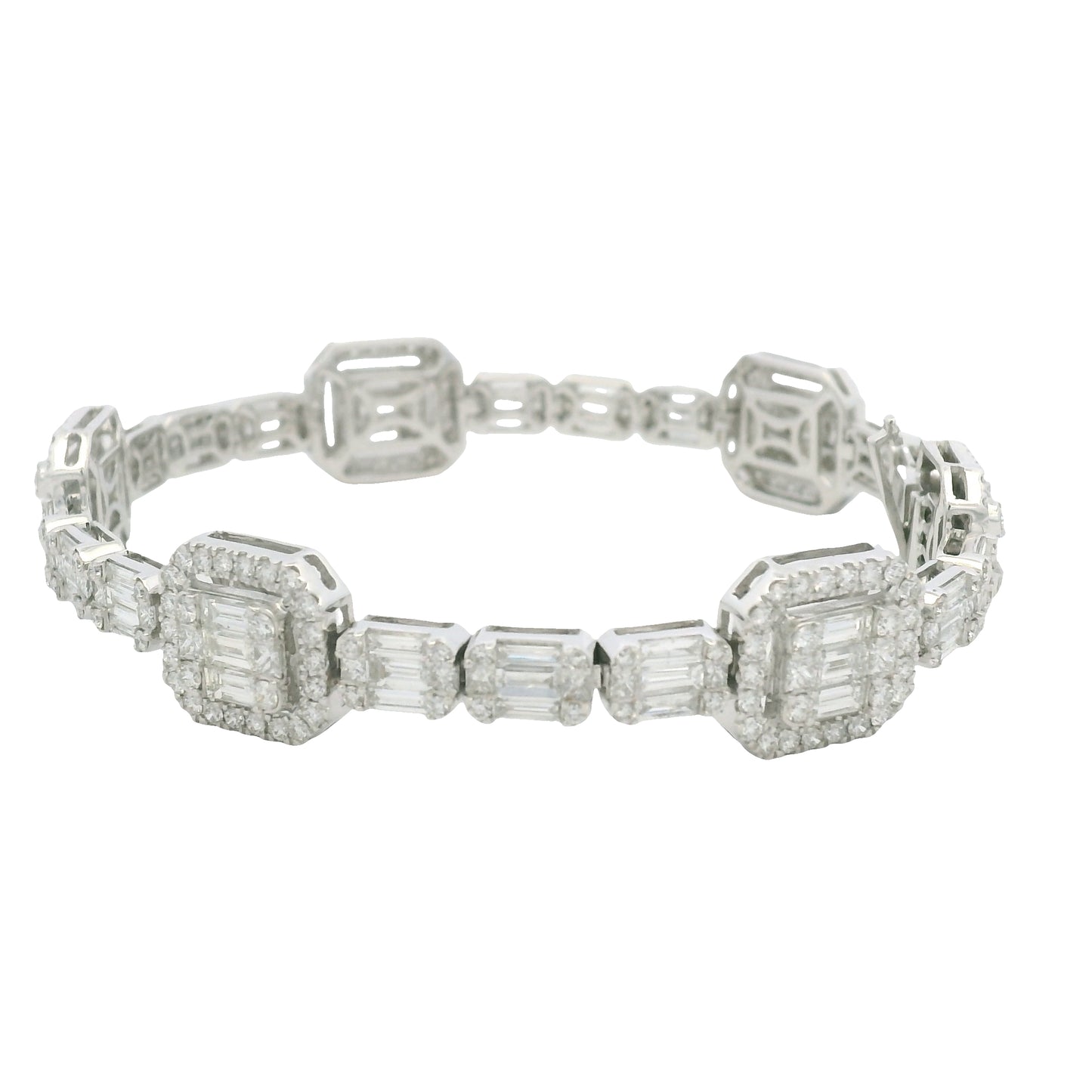 18K White Gold Natural Baguette& Round Diamonds 5 Stations Set Mosaic Bracelet