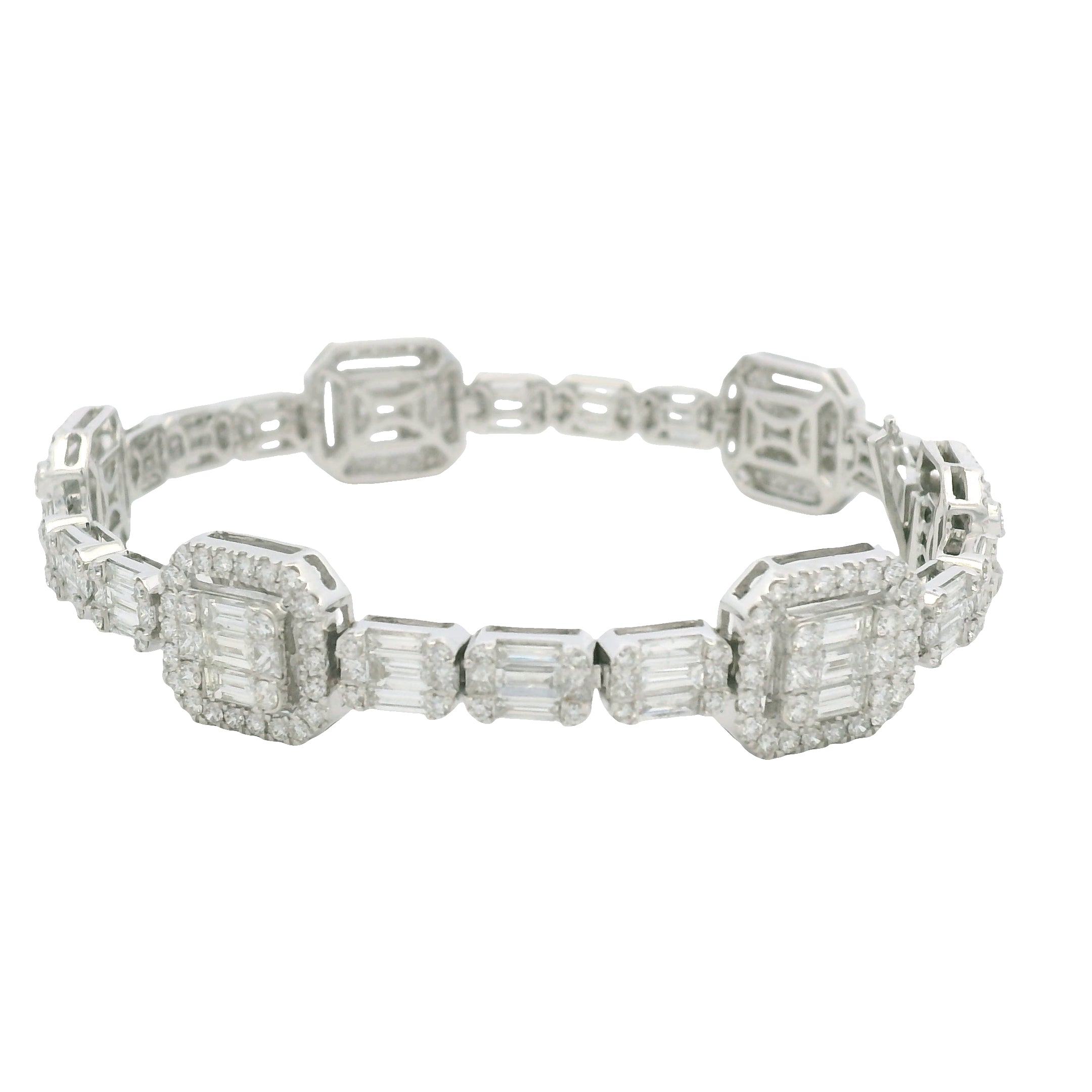 18K White Gold Natural Baguette& Round Diamonds 5 Stations Set Mosaic Bracelet