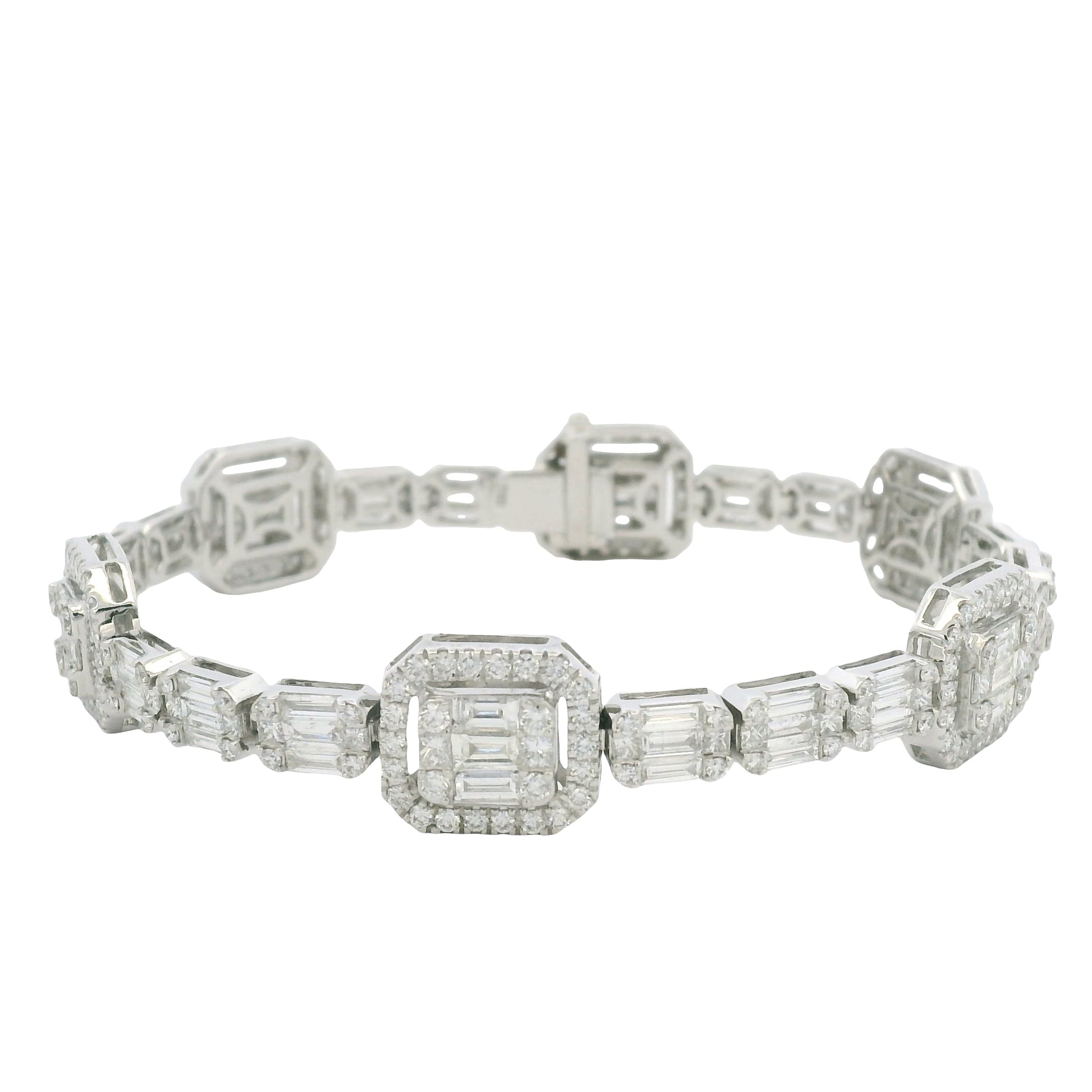 18K White Gold Natural Baguette& Round Diamonds 5 Stations Set Mosaic Bracelet