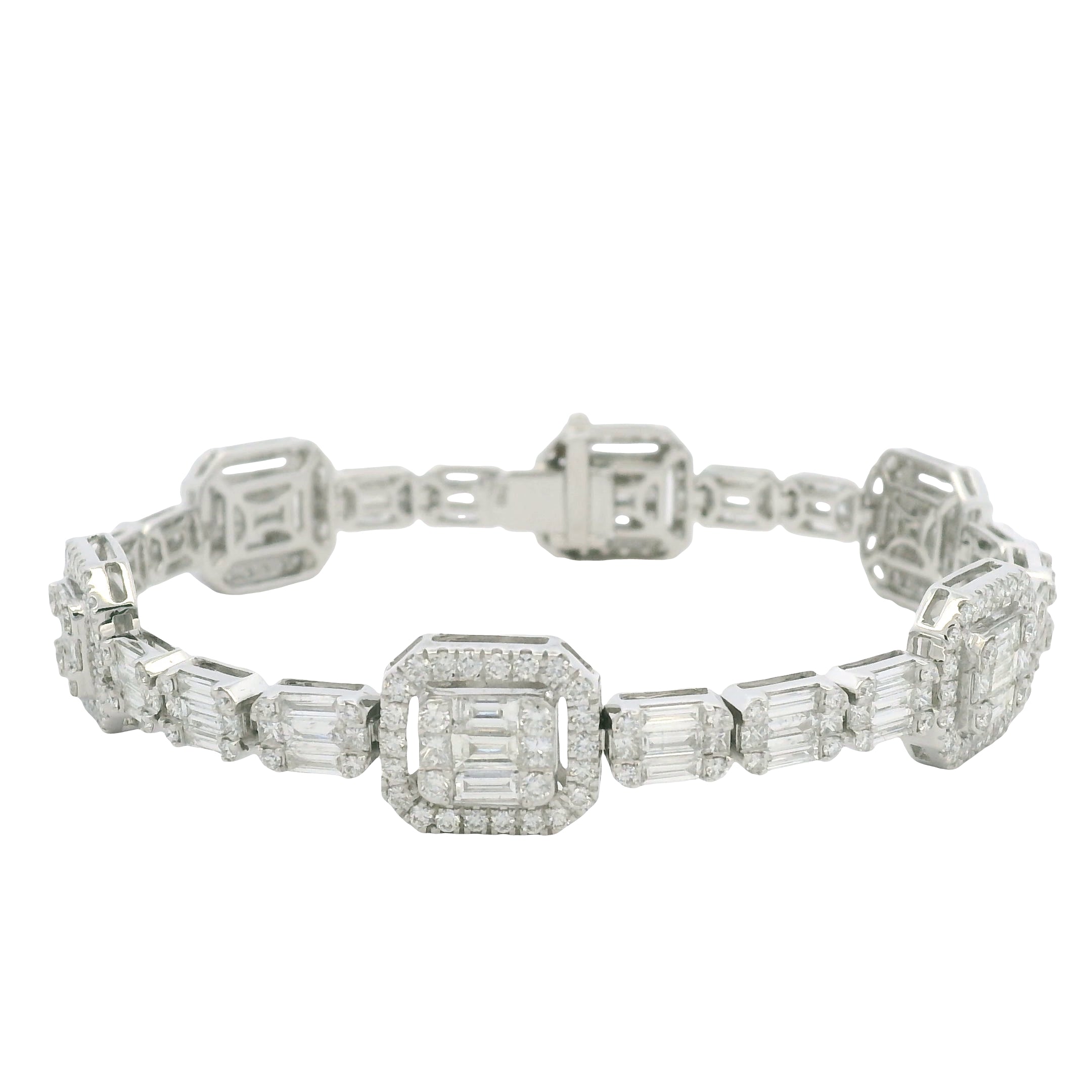 18K White Gold Natural Baguette& Round Diamonds 5 Stations Set Mosaic Bracelet