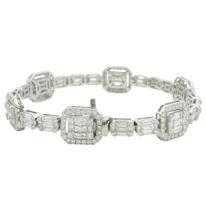 18K White Gold Natural Baguette& Round Diamonds 5 Stations Set Mosaic Bracelet