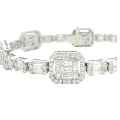 18K White Gold Natural Baguette& Round Diamonds 5 Stations Set Mosaic Bracelet