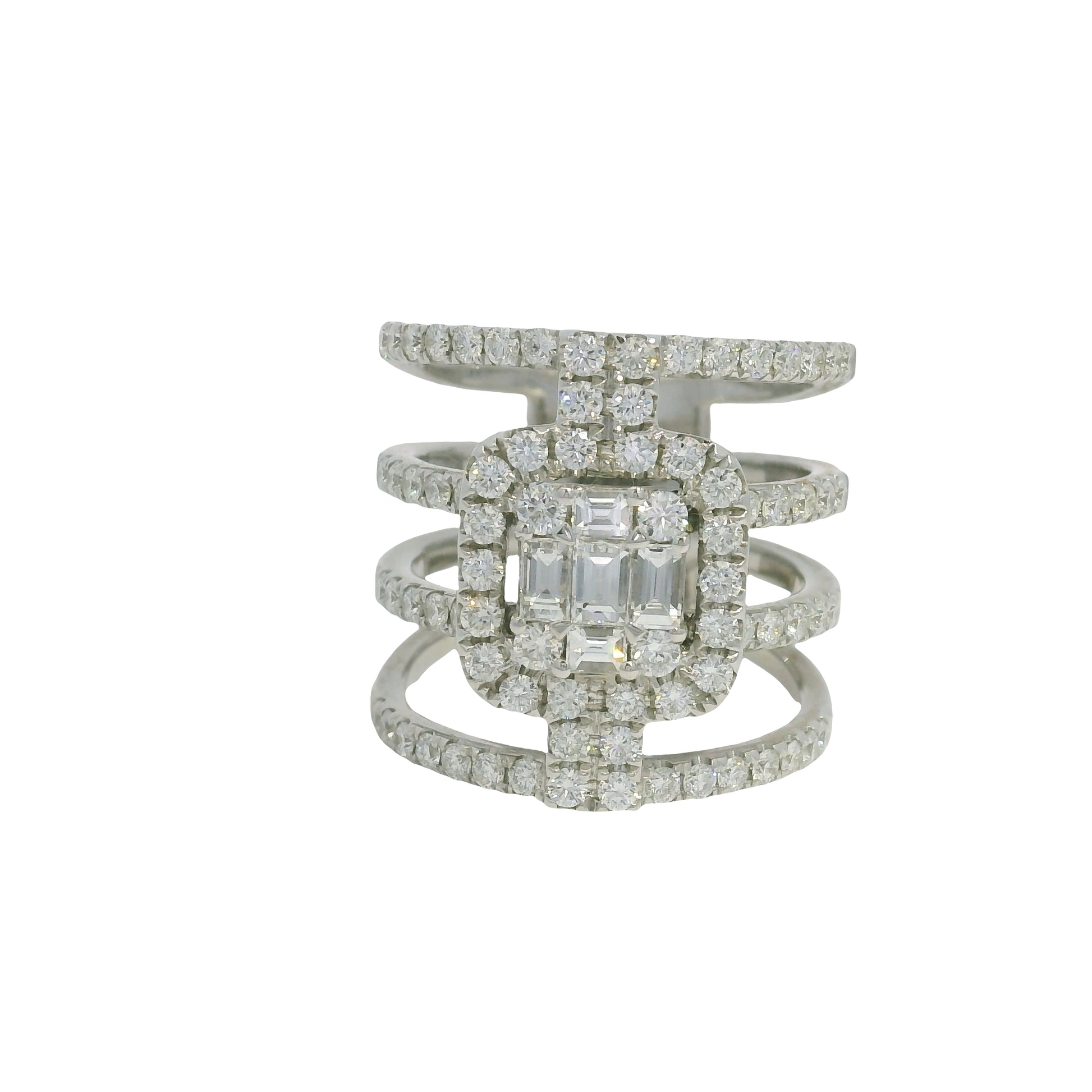 18K White Gold Natural Round Brilliant & Baguette Diamond Wide 4 Band Ring