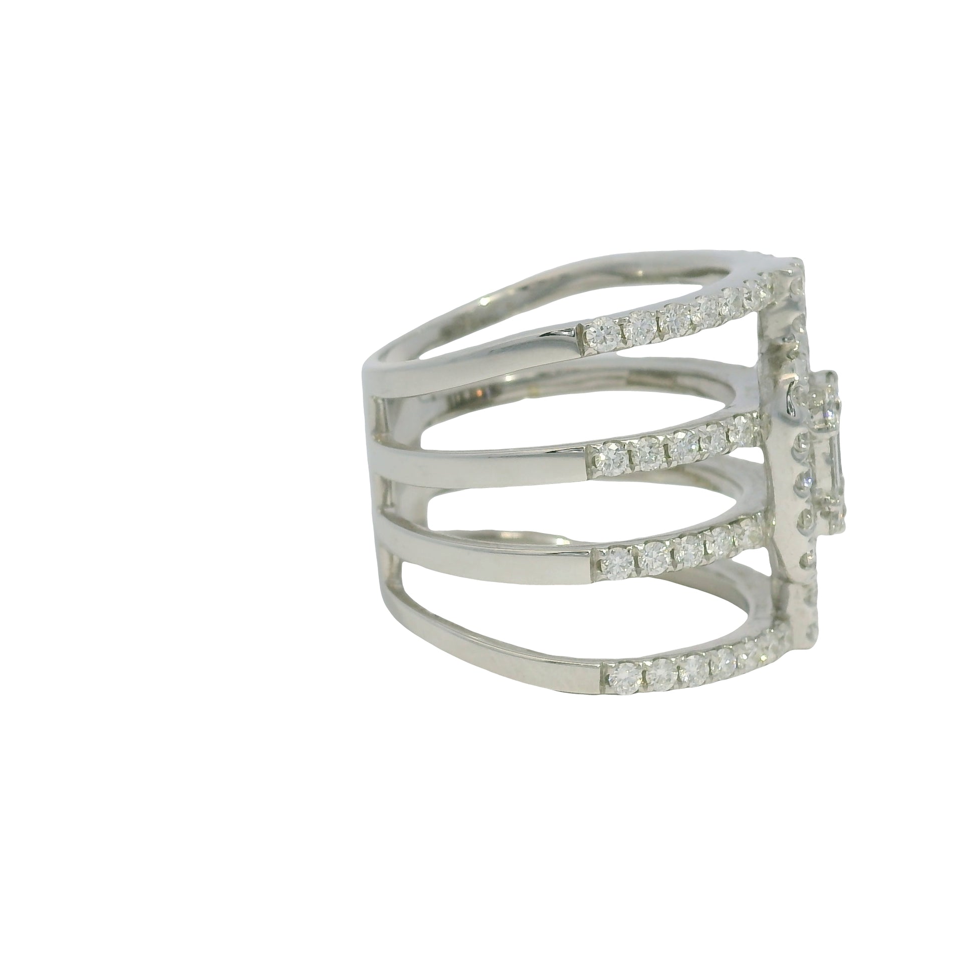 18K White Gold Natural Round Brilliant & Baguette Diamond Wide 4 Band Ring