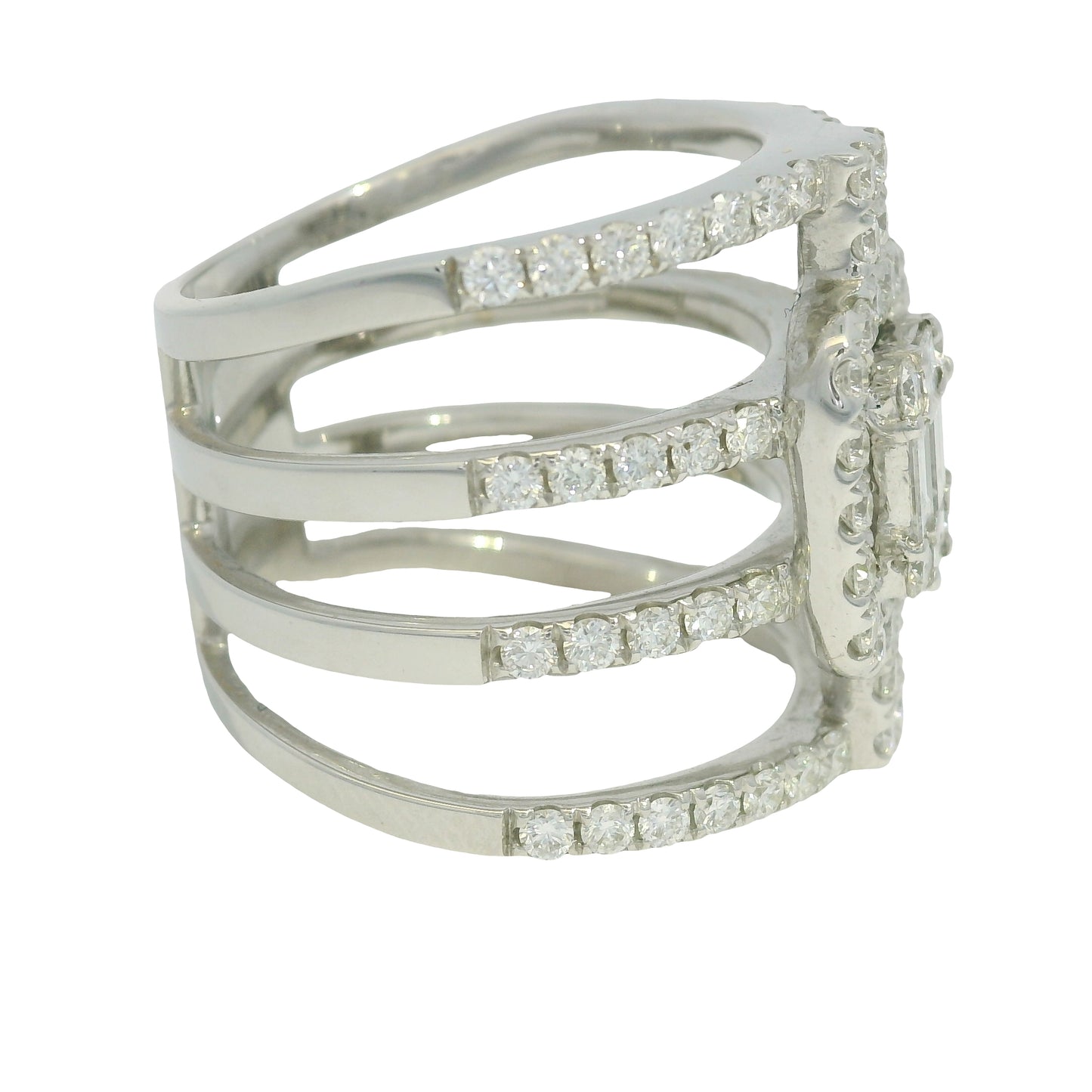 18K White Gold Natural Round Brilliant & Baguette Diamond Wide 4 Band Ring