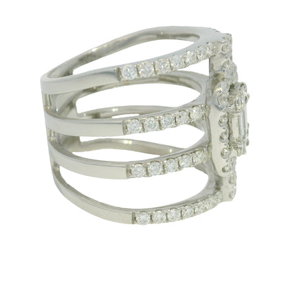 18K White Gold Natural Round Brilliant & Baguette Diamond Wide 4 Band Ring