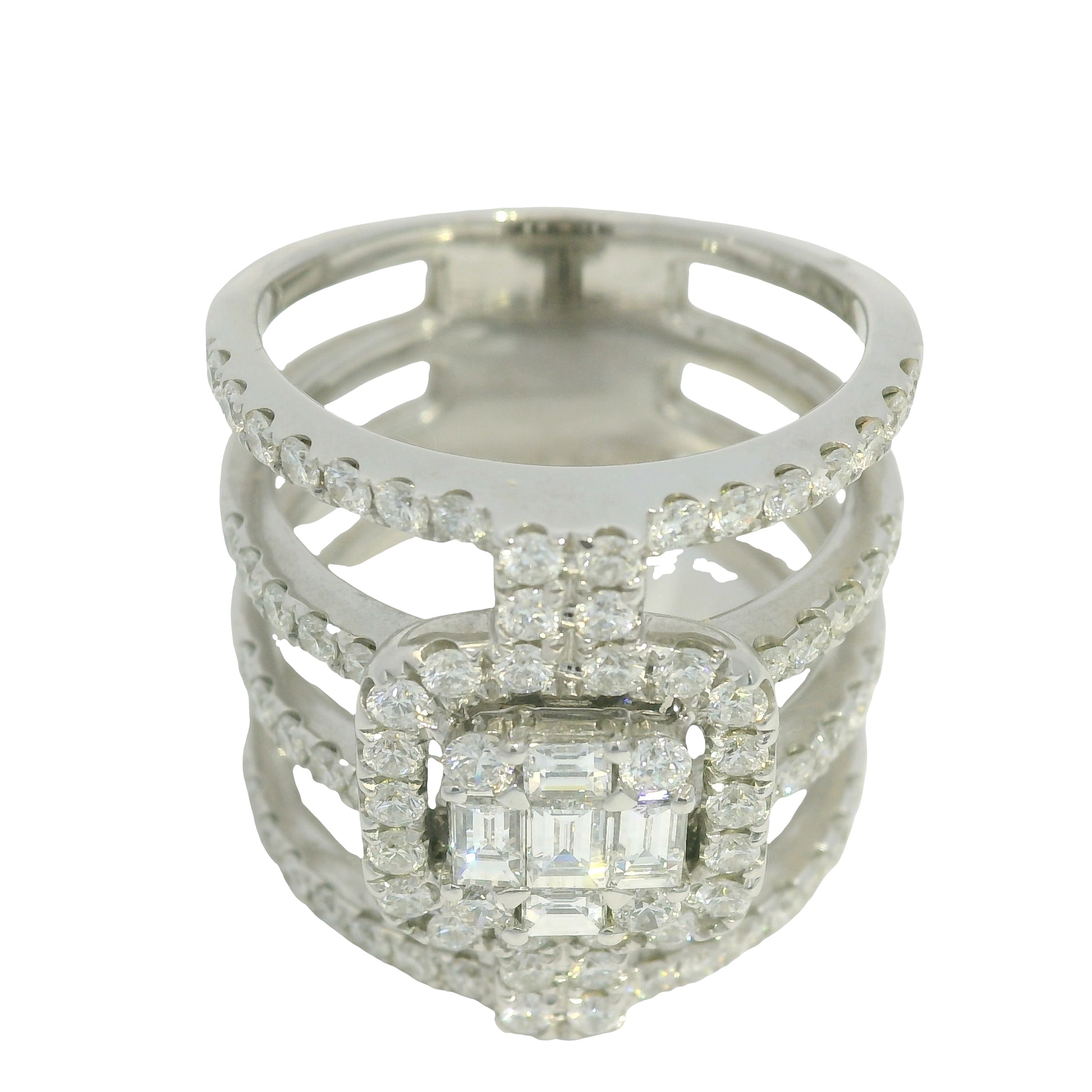 18K White Gold Natural Round Brilliant & Baguette Diamond Wide 4 Band Ring