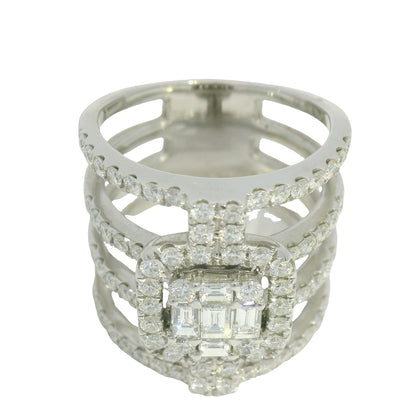 18K White Gold Natural Round Brilliant & Baguette Diamond Wide 4 Band Ring