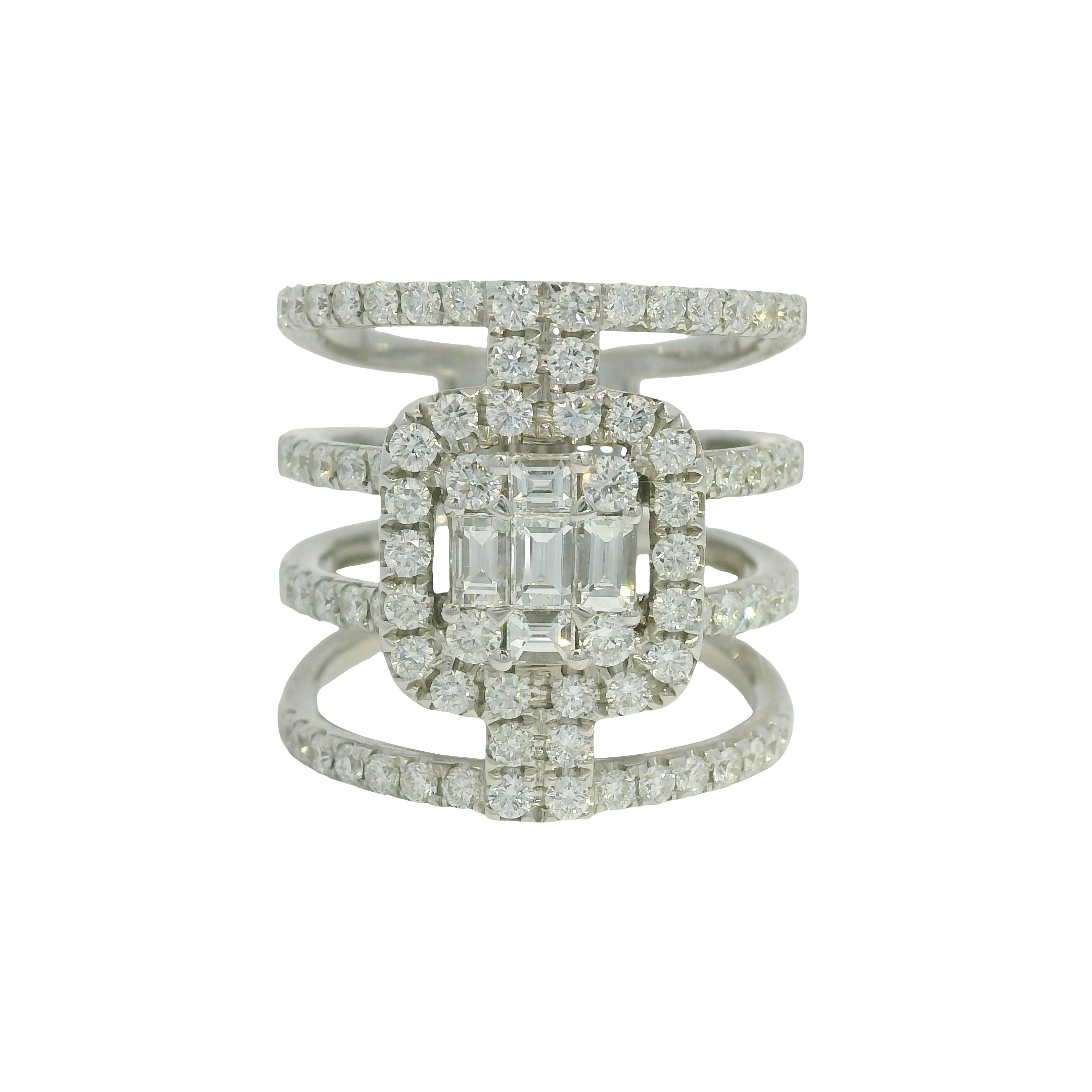 18K White Gold Natural Round Brilliant & Baguette Diamond Wide 4 Band Ring