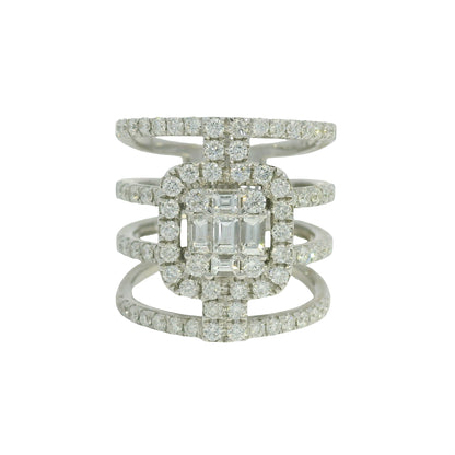 18K White Gold Natural Round Brilliant & Baguette Diamond Wide 4 Band Ring