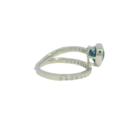 GIA 18K White Gold Natural Heart Sapphire & Diamonds Wrap Around Bezel Set Ring