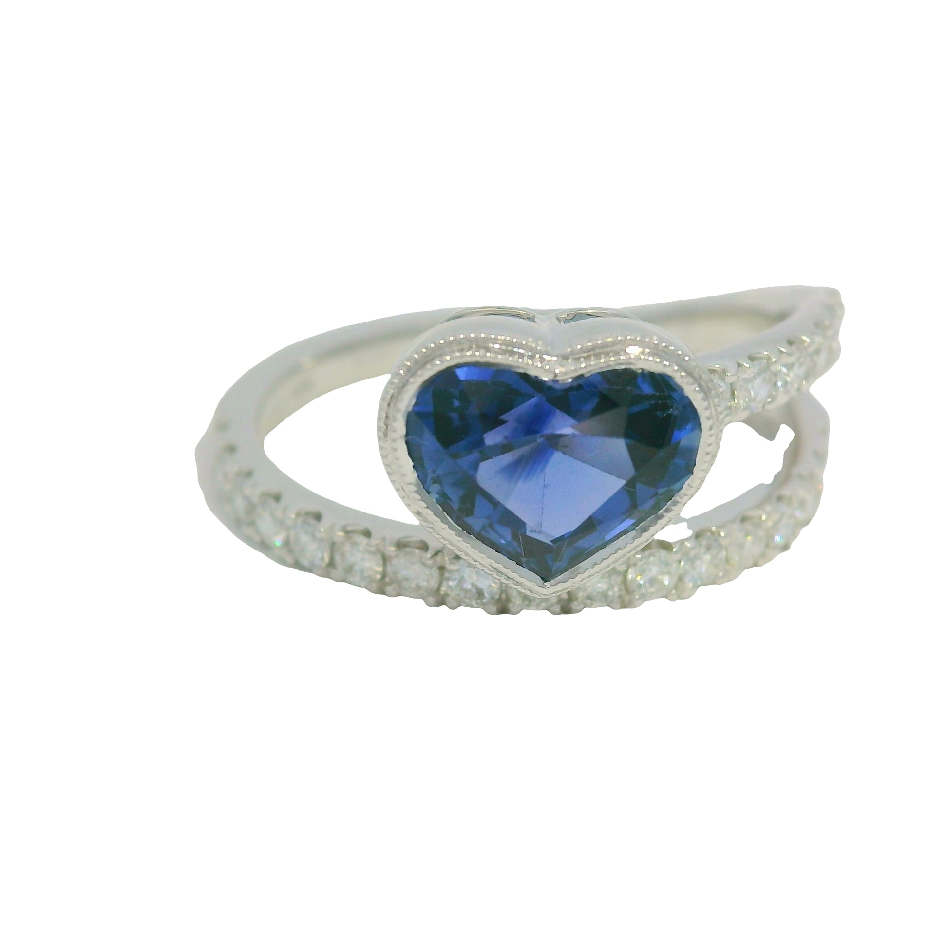GIA 18K White Gold Natural Heart Sapphire & Diamonds Wrap Around Bezel Set Ring