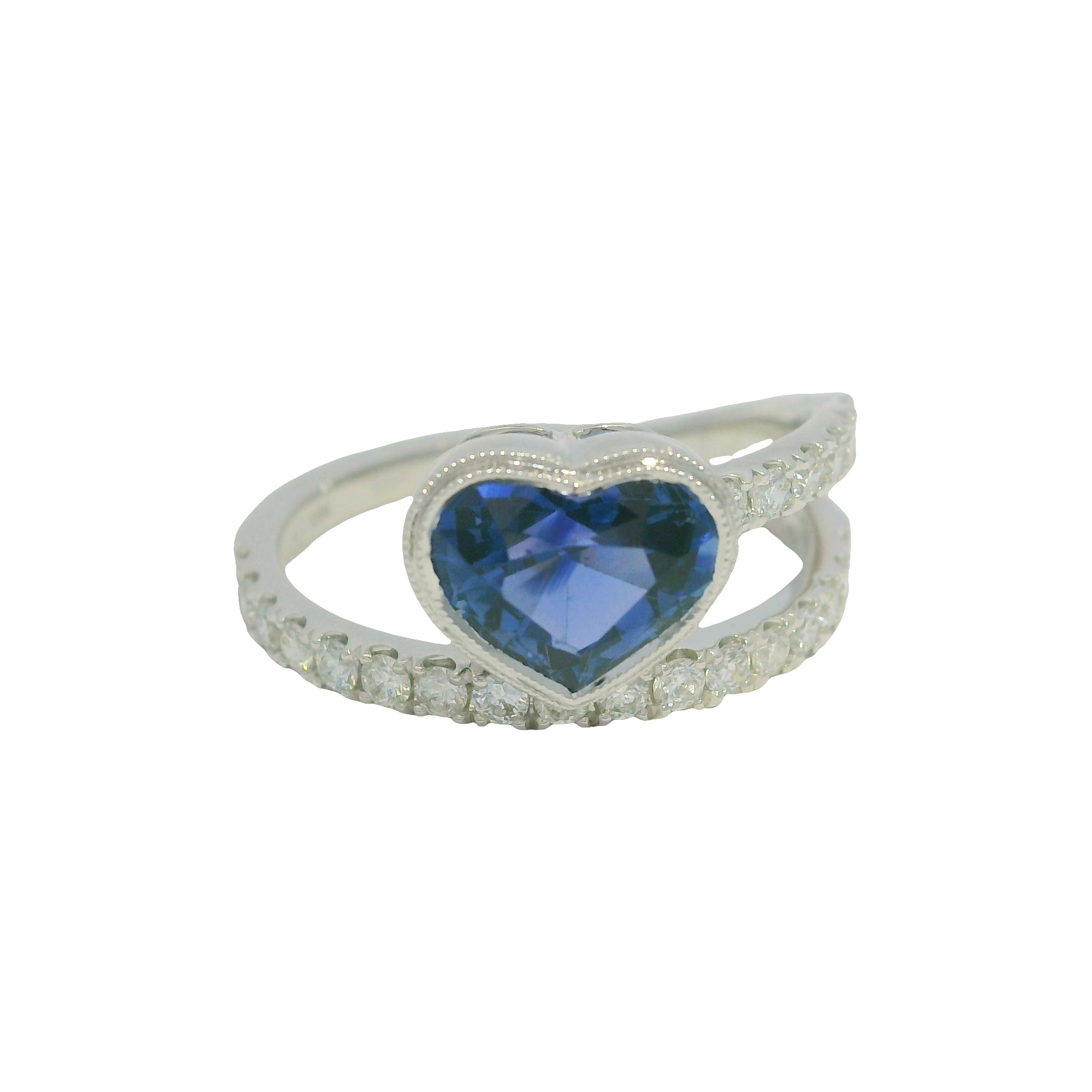 GIA 18K White Gold Natural Heart Sapphire & Diamonds Wrap Around Bezel Set Ring