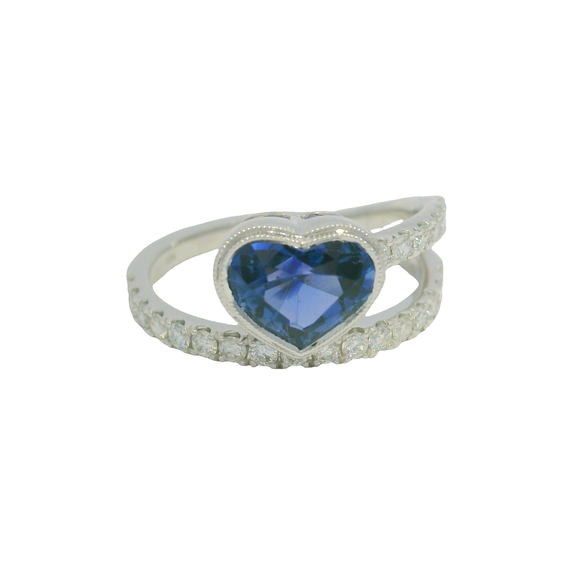 GIA 18K White Gold Natural Heart Sapphire & Diamonds Wrap Around Bezel Set Ring