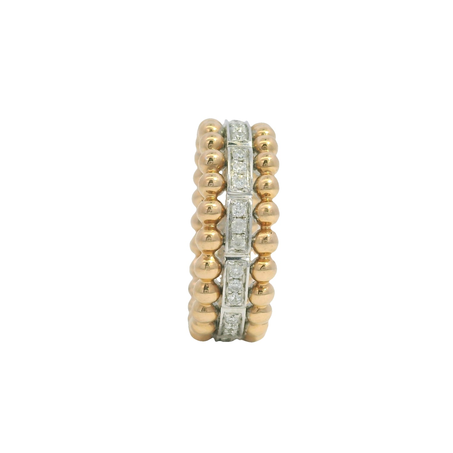 18K Two-Tone Gold Natural Round Brilliant Diamond 3-Row Beaded Ring