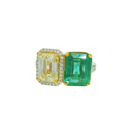 GIA 18K Two-Tone Gold Natural Diamond & Emerald Toi et Moi Ring