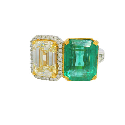 GIA 18K Two-Tone Gold Natural Diamond & Emerald Toi et Moi Ring