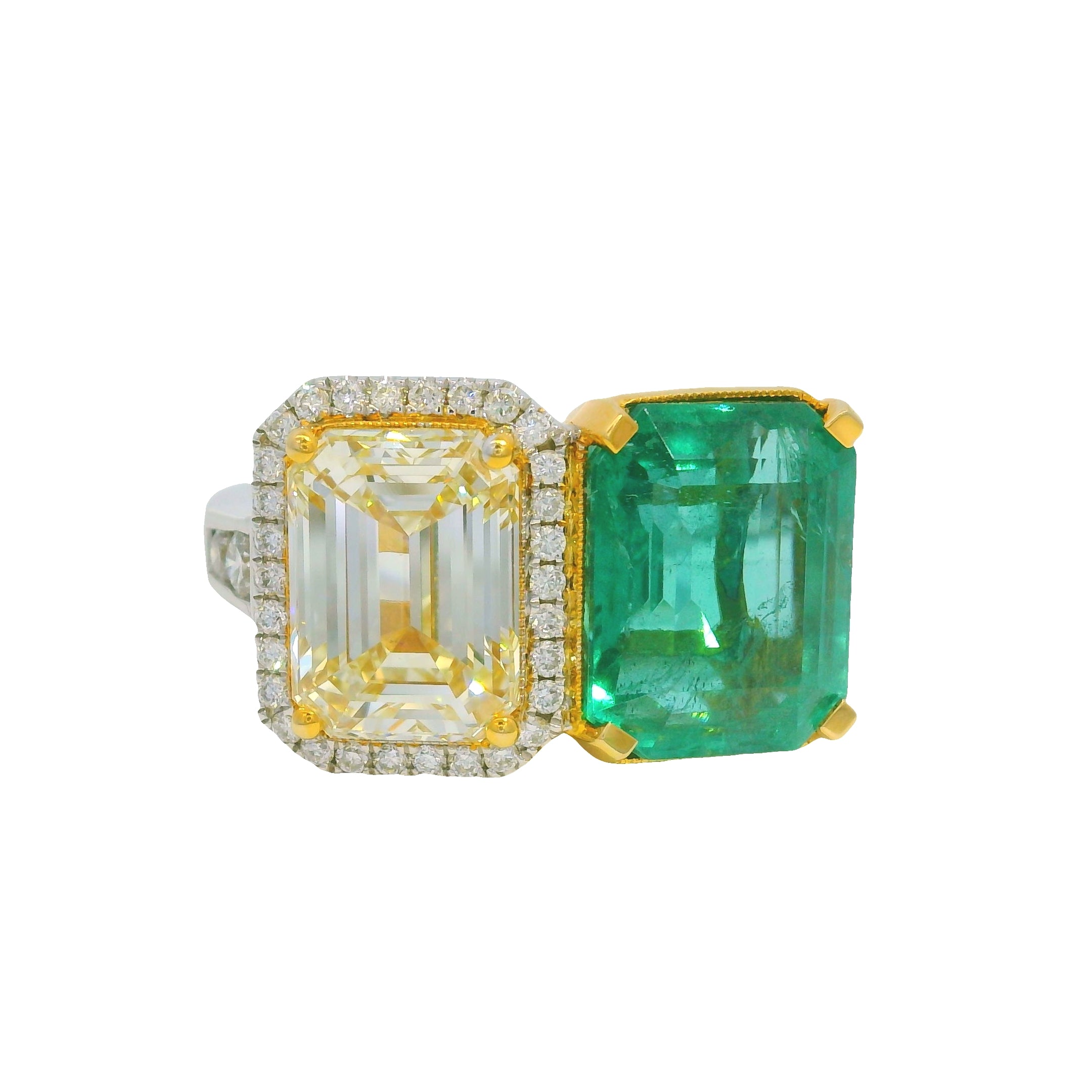 GIA 18K Two-Tone Gold Natural Diamond & Emerald Toi et Moi Ring