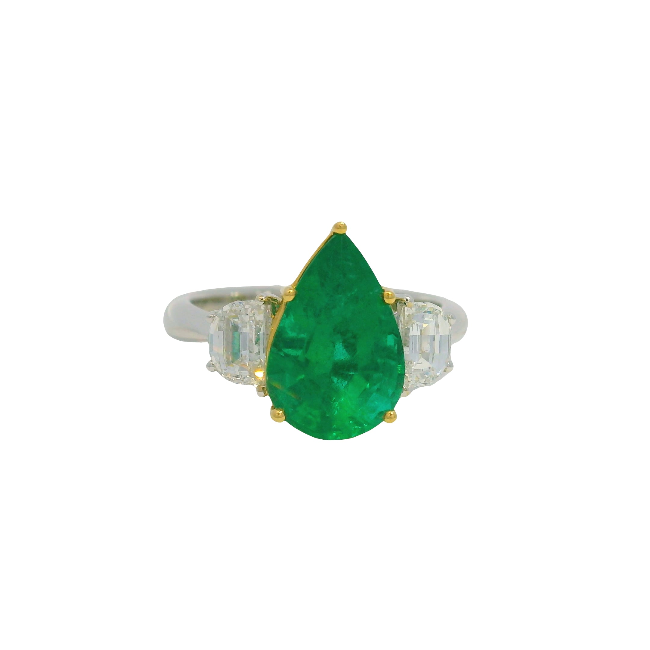 GIA 18K Two-Tone Gold Natural Emerald Pear Shape & Diamonds Half Moon Ring
