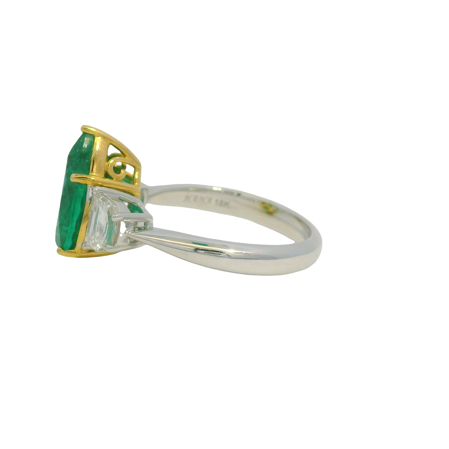 GIA 18K Two-Tone Gold Natural Emerald Pear Shape & Diamonds Half Moon Ring
