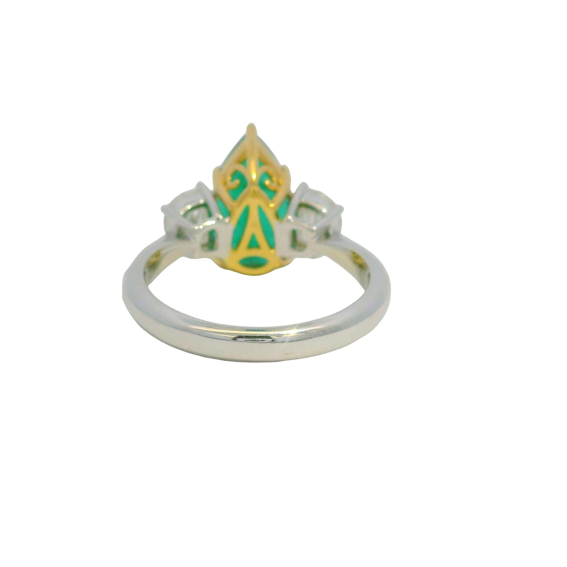GIA 18K Two-Tone Gold Natural Emerald Pear Shape & Diamonds Half Moon Ring