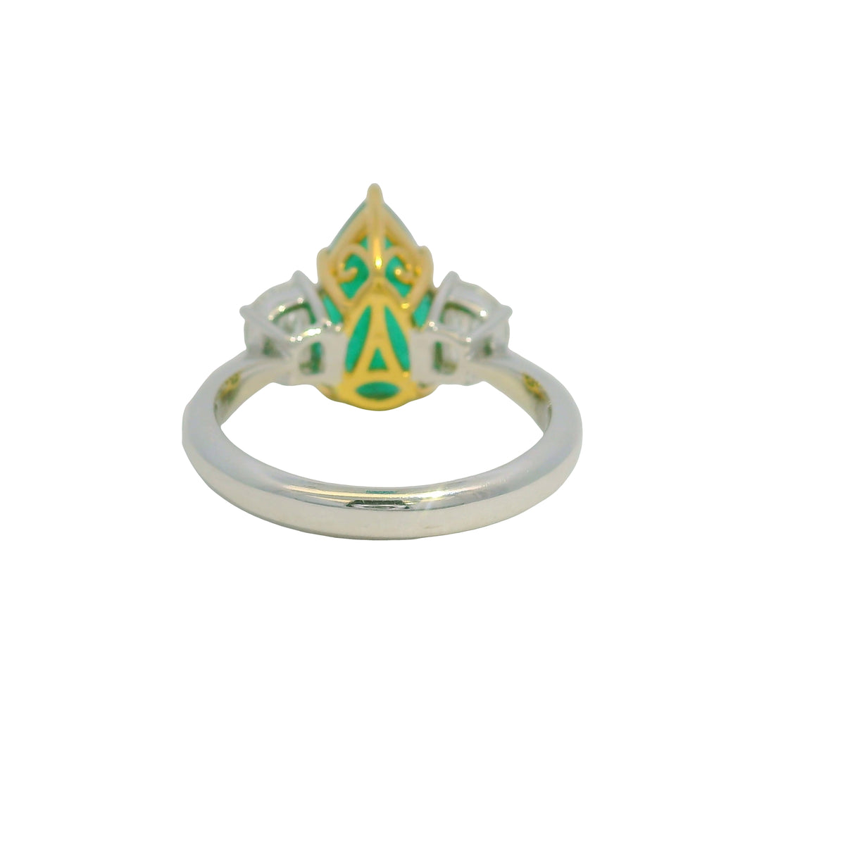 GIA 18K Two-Tone Gold Natural Emerald Pear Shape & Diamonds Half Moon Ring
