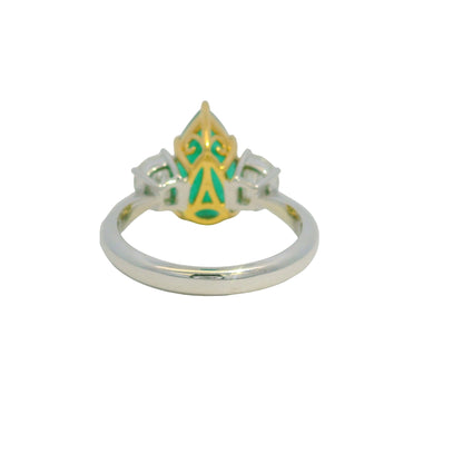 GIA 18K Two-Tone Gold Natural Emerald Pear Shape & Diamonds Half Moon Ring