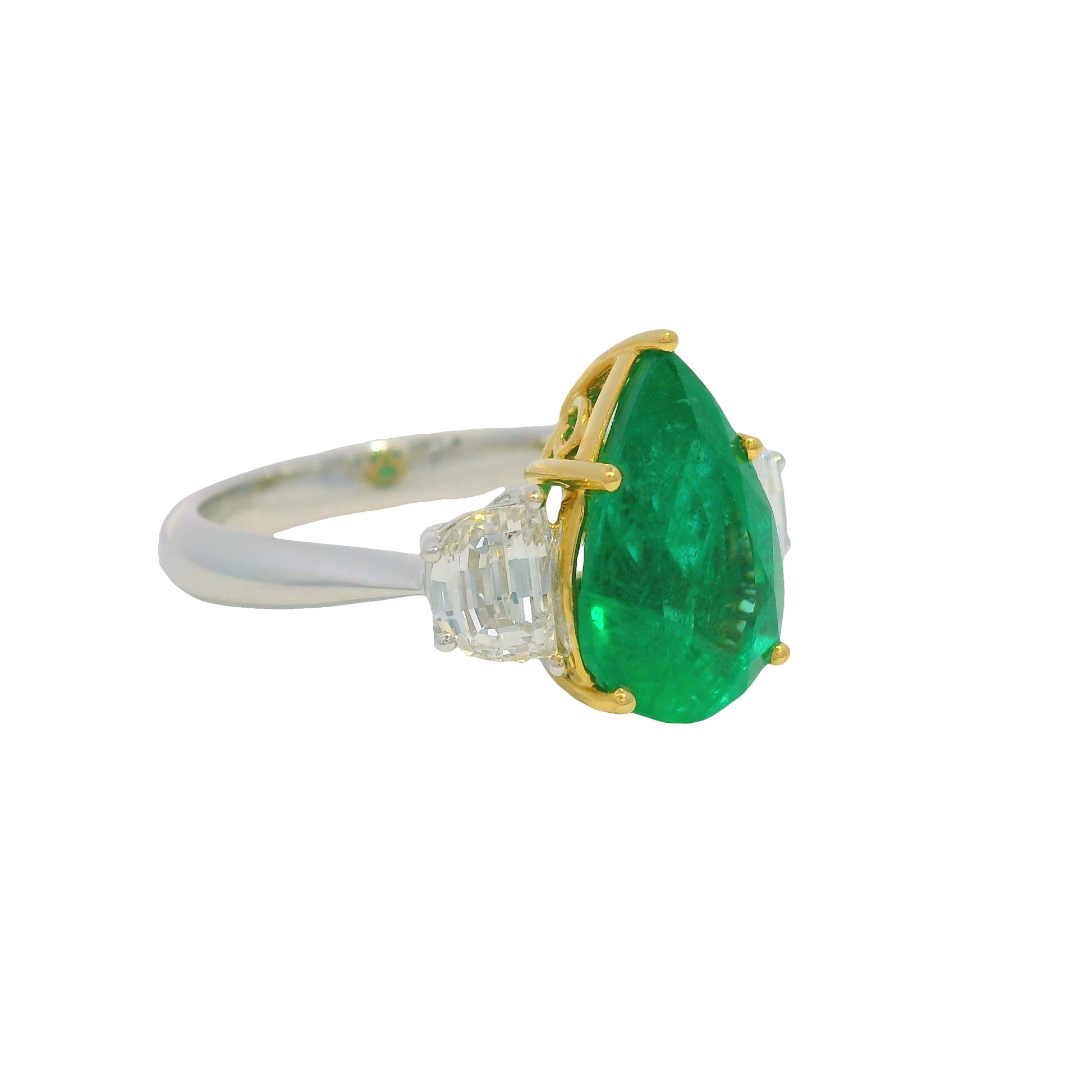 GIA 18K Two-Tone Gold Natural Emerald Pear Shape & Diamonds Half Moon Ring