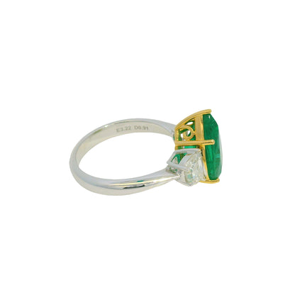GIA 18K Two-Tone Gold Natural Emerald Pear Shape & Diamonds Half Moon Ring