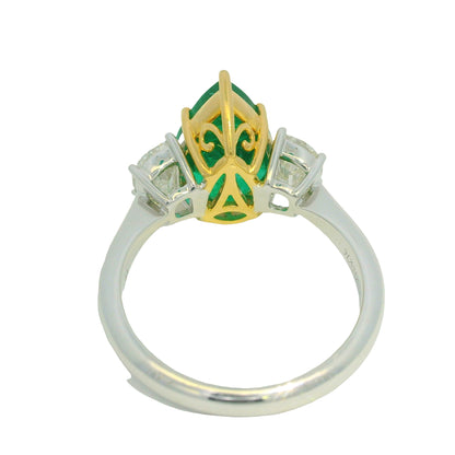 GIA 18K Two-Tone Gold Natural Emerald Pear Shape & Diamonds Half Moon Ring