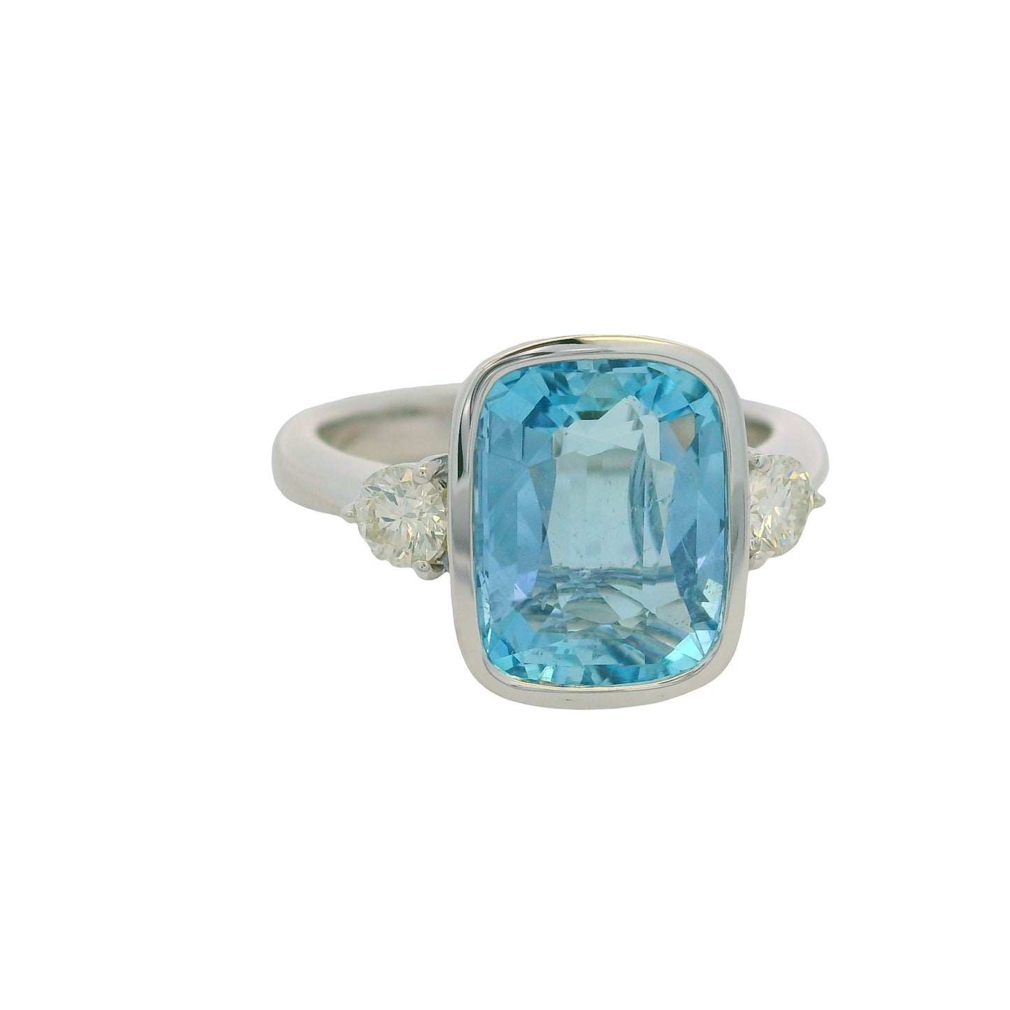 GIA 18 White Gold Natural Aquamarine& Diamonds Bezel Set Ring